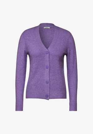 Lila gestrickte Strickjacke mit V-Ausschnitt, fünf Knöpfen vorne, geripptem Material und langen Ärmeln.
