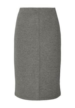 Grijze aangesloten kokerrok gemaakt van zachte breistof. Kenmerkt zich door een gladde textuur, strakke lijnen en een knielange zoom zonder versieringen.