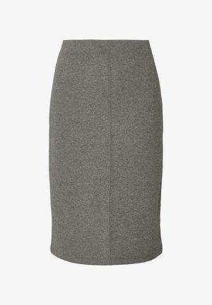 Grauer, taillierter Bleistiftrock aus weichem Strickstoff. Verfügt über eine glatte Textur, klare Linien und einen knielangen Saum ohne Verzierungen.