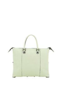 Borsa a mano in pelle verde chiaro con manici doppio, dettagli neri e hardware in argento. Presenta una texture liscia e chiusura con zip.