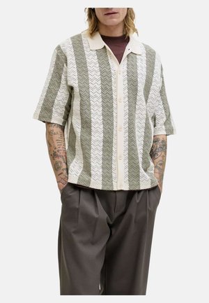 Personne portant une chemise à manches courtes boutonnée avec des rayures verticales vertes et blanches sur un haut marron et un pantalon ample marron foncé.
