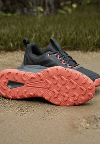Paar dunkelgraue Trailrunning-Schuhe mit korallenfarbigen, gemusterten Sohlen, die auf einem Erdweg mit Gras im Hintergrund liegen.