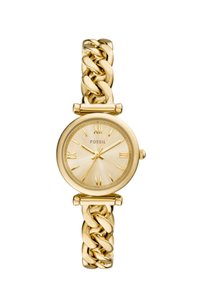 Goldfarbene Fossil-Uhr mit rundem Ziffernblatt, römischen Ziffern und einem robusten Gliederarmband. Texturiertes Ziffernblatt mit subtilem Sonneneffekt.