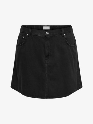 Fustă mini din denim negru, cu bucle pentru curea, nasture și fermoar frontal, două buzunare frontale și o etichetă mică a brandului în interiorul taliei.