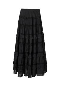 Jupe maxi noire à volants, réalisée en tissu léger, avec une taille élastique et des bordures en dentelle décoratives.