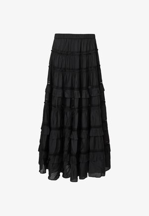Falda maxi negra con volantes, hecha de tejido ligero, que cuenta con una cinturilla elástica y bordes de encaje decorativos.