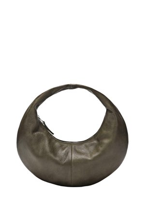 Dunkel olivgrüne Leder-Handtasche in Halbmondform mit einem Reißverschluss entlang der oberen Kante und einem kurzen Griff.