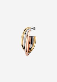 Drie met elkaar verweven hoepeloorbellen in goud-, zilver- en roségouden tinten met een gladde, gepolijste afwerking. Open ontwerp met een scharnierluiting.