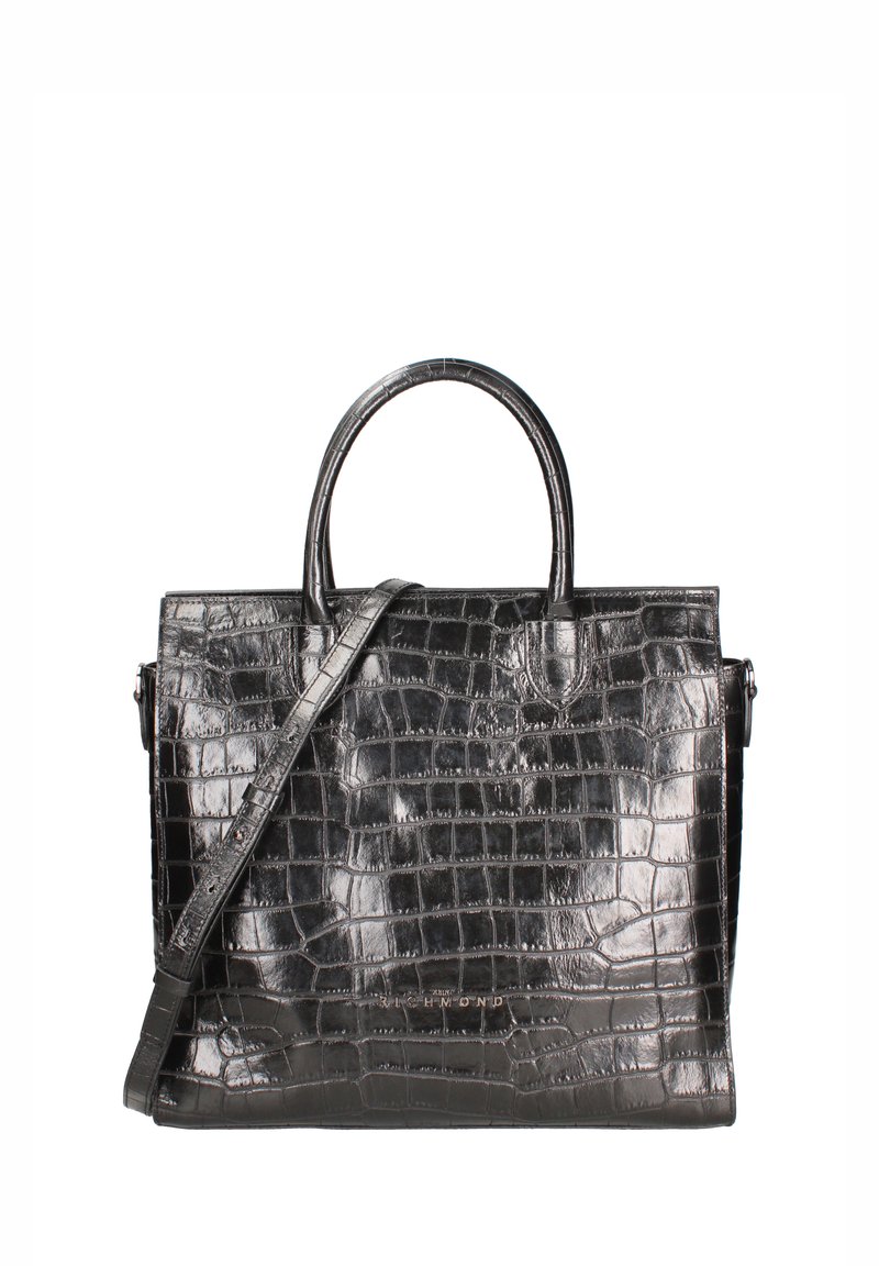 Borsa a tracolla nera in pelle con stampa coccodrillo, dotata di doppi manici, tracolla regolabile e forma rettangolare strutturata. Dettagli in metallo argentato.