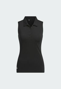 Polo preto sem mangas, feito de tecido suave, com colarinho, três botões e um pequeno logotipo no lado inferior esquerdo.