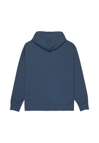 Tmavě modrá mikina s kapucí, přední kapsou a stahovací šňůrkou. Měkký materiál ze směsi bavlny s žebrovanými manžetami a lemem. Jednobarevná, bez vzorů.