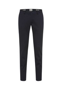 Pantaloni slim-fit da uomo in blu scuro, con passanti per cintura, chiusura frontale a bottoni e zip, realizzati in tessuto strutturato.