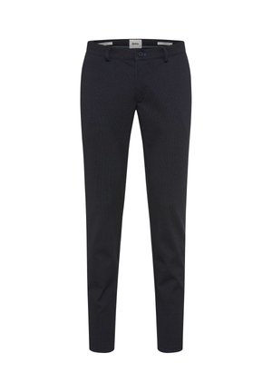 Pantaloni slim-fit da uomo in blu scuro, con passanti per cintura, chiusura frontale a bottoni e zip, realizzati in tessuto strutturato.