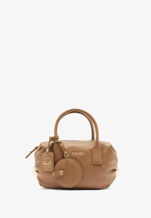 Tan handbag with two handles, gold branding "LIU JO," and a round tag attached. Smooth texture with a stylish, compact design.