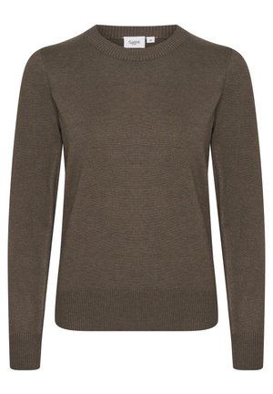 Rudas ilgomis rankovėmis megztinis, pagamintas iš minkštos megztos medžiagos, su apvalia apykakle ir ribiniais rankogaliais bei apačia. Minimalistinis dizainas.