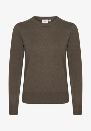 Pruun pikkade varrukatega kampsun, valmistatud pehmest kootud kangast, millel on ümar kaelus ning soonilised varrukaotsad ja alumine äär. Minimalistlik disain.