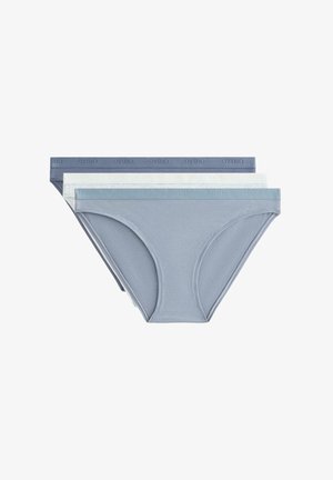 Letvægts bomuldsbikini-trusser i tre farver: lys blå, mørkeblå og hvid. Alle har en tonal elastisk talje med branding.