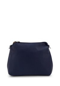 Marine leren pouch met een geprofileerde textuur, ronde vorm en een ritssluiting bovenaan. Heeft accenten van zilverkleurig hardware.