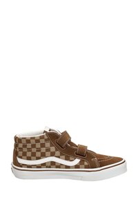 Bruine en beige geblokte canvas hoge sneakers met witte accenten, twee klittenbandsluitingen en rubberen zool.