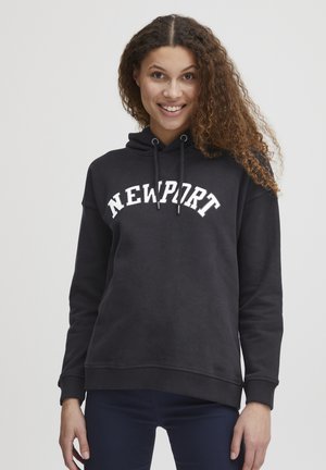 Black hoodie made from soft material with a kangaroo pocket, drawstring hood, and white "NEWPORT" lettering on the front.