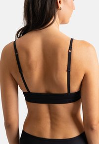Bralette noir à côtelés montrant des bretelles réglables, un design sans coutures, avec une texture lisse et un détail minimaliste au dos.