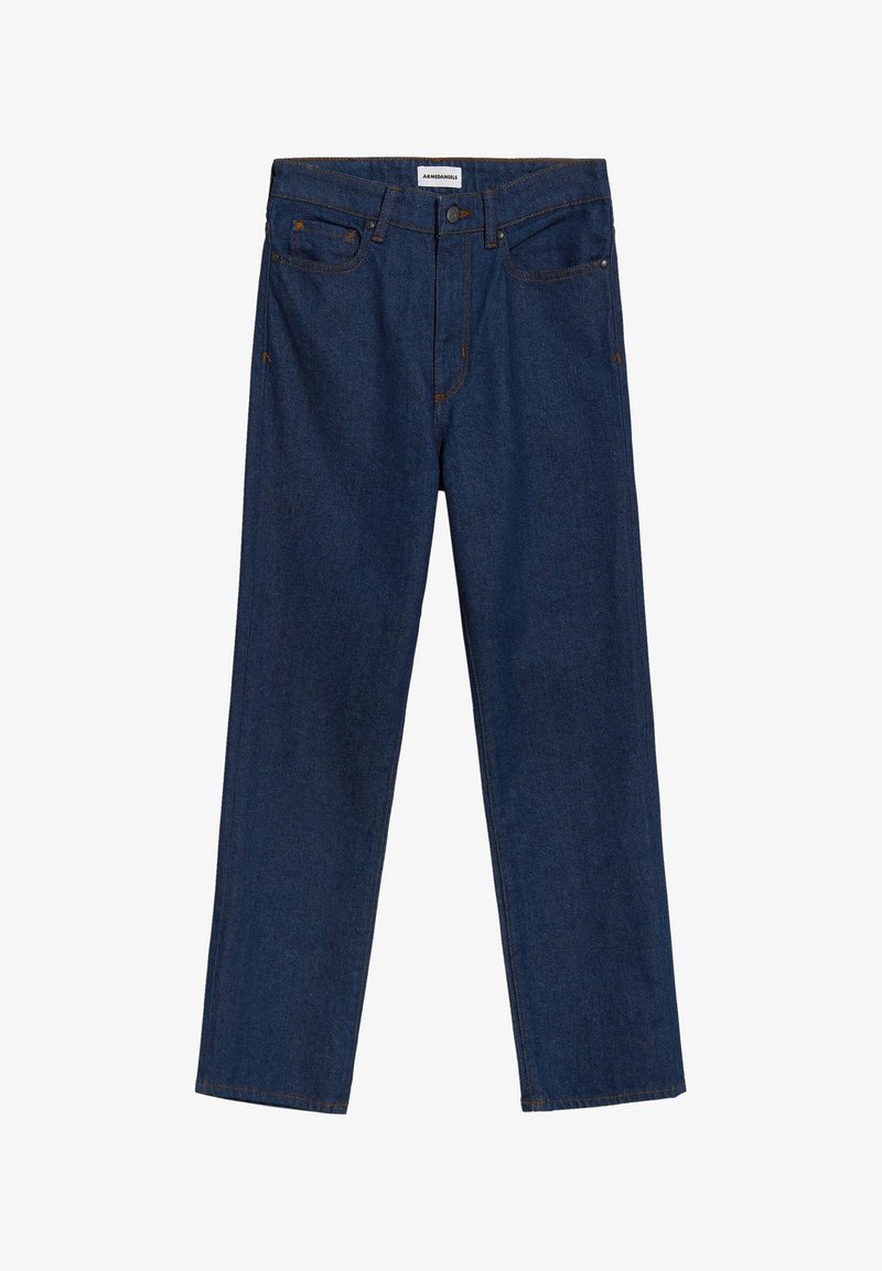 Tmavě modré džíny z denimu se rovný střih, designem s pěti kapsami a kontrastním oranžovým šitím. Obsahují zapínání na knoflík a poutka na opasek.