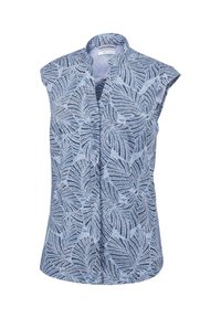 Blusa senza maniche blu con un motivo a foglie in diverse tonalità di blu, dotata di colletto alla mandarino e cinque bottoni frontali. Tessuto morbido.