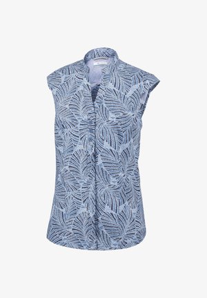 Blusa senza maniche blu con un motivo a foglie in diverse tonalità di blu, dotata di colletto alla mandarino e cinque bottoni frontali. Tessuto morbido.