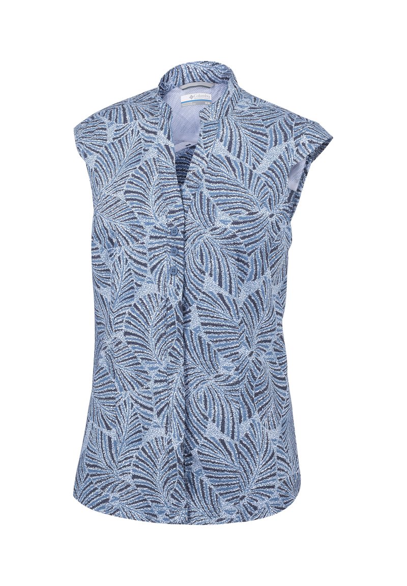 Blusa senza maniche blu con un motivo a foglie in diverse tonalità di blu, dotata di colletto alla mandarino e cinque bottoni frontali. Tessuto morbido.