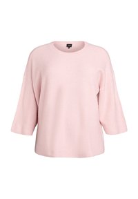 Light pink loose-fitting knitted sweater with wide sleeves, round neck, textured fabric, and ribbed pattern.