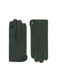 Gants en tricot vert foncé avec une finition texturée, dotés d'une bordure en cuir noir et d'un petit bouton décoratif près du poignet.