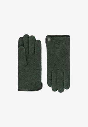 Gants en tricot vert foncé avec une finition texturée, dotés d'une bordure en cuir noir et d'un petit bouton décoratif près du poignet.