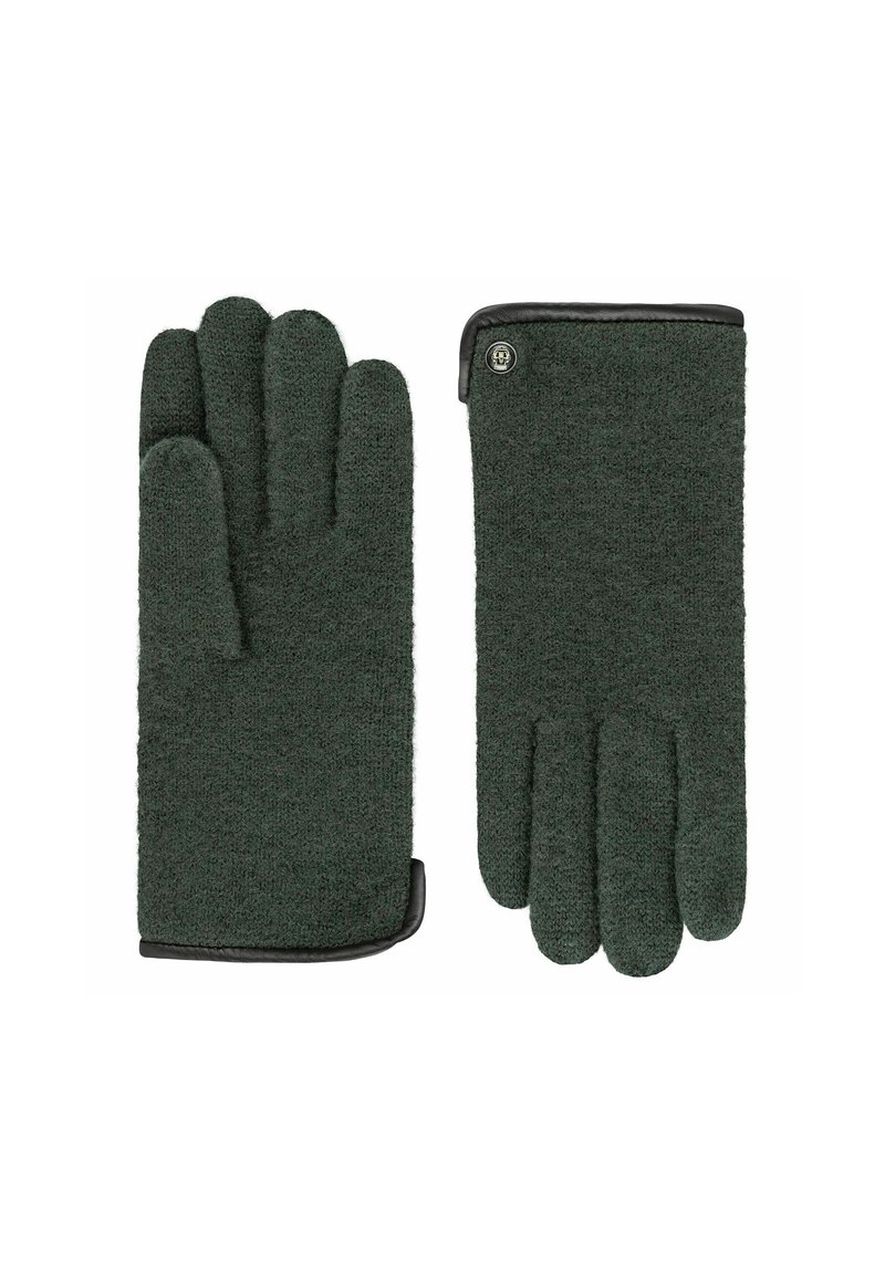 Dunkelgrüne Strickhandschuhe mit strukturierter Oberfläche, verziert mit einer schwarzen Lederkante und einem kleinen Knopfakzent am Bündchen.