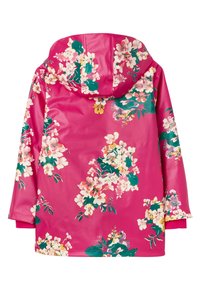 Giacca impermeabile rosa con un motivo floreale, dotata di cappuccio, maniche lunghe e polsini elasticizzati. Tessuto liscio con colori vivaci.