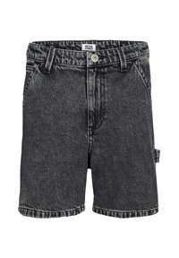 Black denim shorts with a faded finish, featuring a button closure, belt loops, and side pockets. Clean hem with contrasting stitching details.