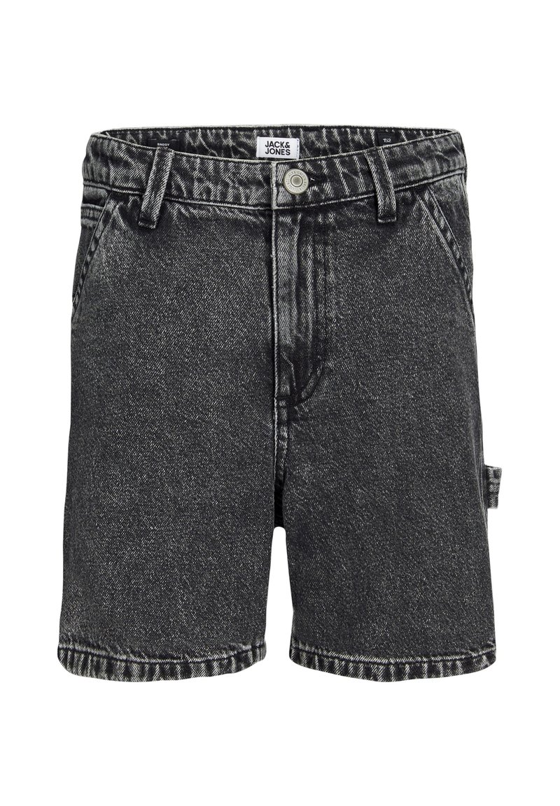 Black denim shorts with a faded finish, featuring a button closure, belt loops, and side pockets. Clean hem with contrasting stitching details.