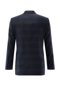 Marineblauer karierter Blazer aus strukturiertem Stoff, mit Reverskragen, zwei Taschen und Knopfdetails an den Ärmeln. Rückansicht gezeigt.