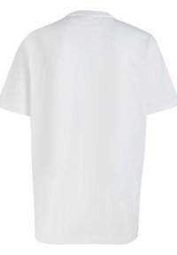 Bílý krátký rukáv tričko s kulatým výstřihem, vyrobené z bavlny. Hladká textura, volný střih a žádné viditelné značky nebo ozdoby.