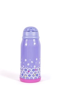 Purple water bottle with a flip-top lid, decorated with white seashells, star patterns, and a pink base.