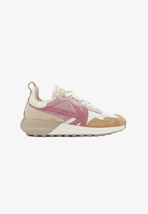 Sneakers with a white mesh upper, pink suede accents, beige suede toe cap, and a gray rubber sole. Features a pull tab and stitched design.