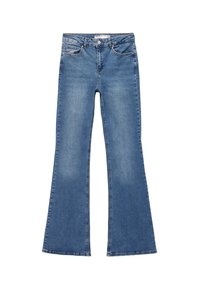 Farkut, joissa on levenevä lahje, sininen denim, haalistunut pinta, viisi taskua, napin suljenta ja purjehtinut hem yksityiskohtina alareunassa.