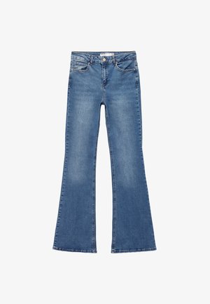 Farkut, joissa on levenevä lahje, sininen denim, haalistunut pinta, viisi taskua, napin suljenta ja purjehtinut hem yksityiskohtina alareunassa.