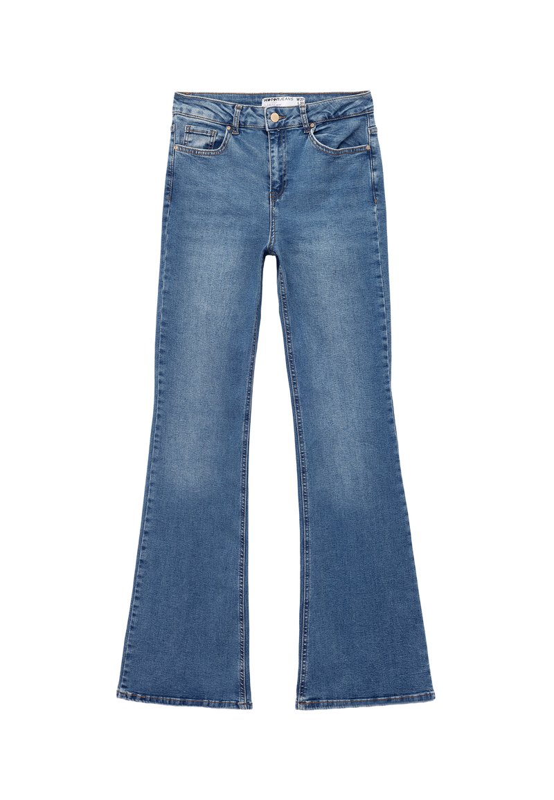 Farkut, joissa on levenevä lahje, sininen denim, haalistunut pinta, viisi taskua, napin suljenta ja purjehtinut hem yksityiskohtina alareunassa.