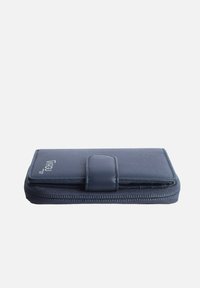 Navy blue wallet made of faux leather with a textured finish, featuring a flap closure, zip-around edge, and embossed branding detail.