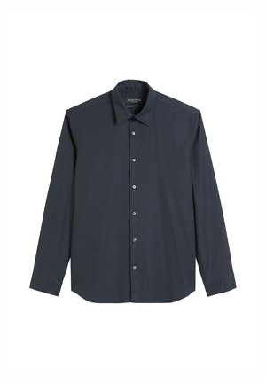 Marineblauw overhemd met lange mouwen, een klassieke kraag en vijf zilveren knopen aan de voorkant. Gladde, gestructureerde stof.