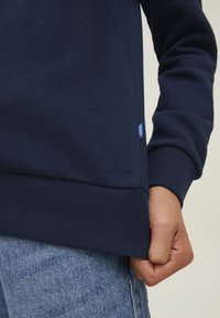 Felpa blu navy con polsini e orlo a costine. Il materiale è una miscela di cotone testurizzato, con un'etichetta blu sul lato. Abbinata a jeans di denim.
