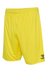 Gula sportshorts i mjukt, lätt tyg med elastisk midja och svart logotypdetalj på nedre högra benet.