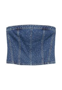 Top fără bretele din denim, cu un corp ajustat, având un model cu puncte, cusături structurale și o culoare albastru închis.