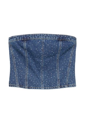Top fără bretele din denim, cu un corp ajustat, având un model cu puncte, cusături structurale și o culoare albastru închis.