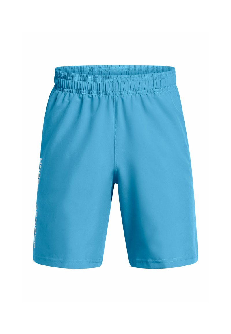 Lichtblauwe sportieve shorts met een elastische tailleband, voorzien van de tekst "Under Armour" in het wit aan de linkerzijde. Glad, sneldrogend materiaal.